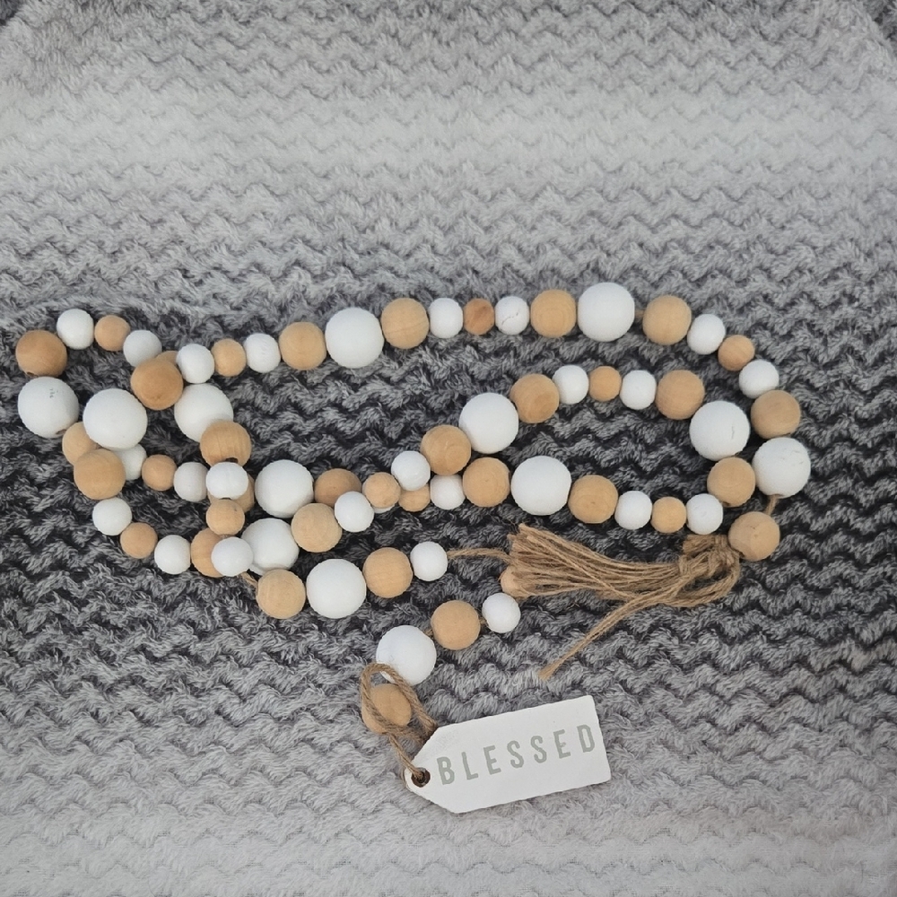 White and Natural Wood Beaded garland 'Blessed" Home Decor